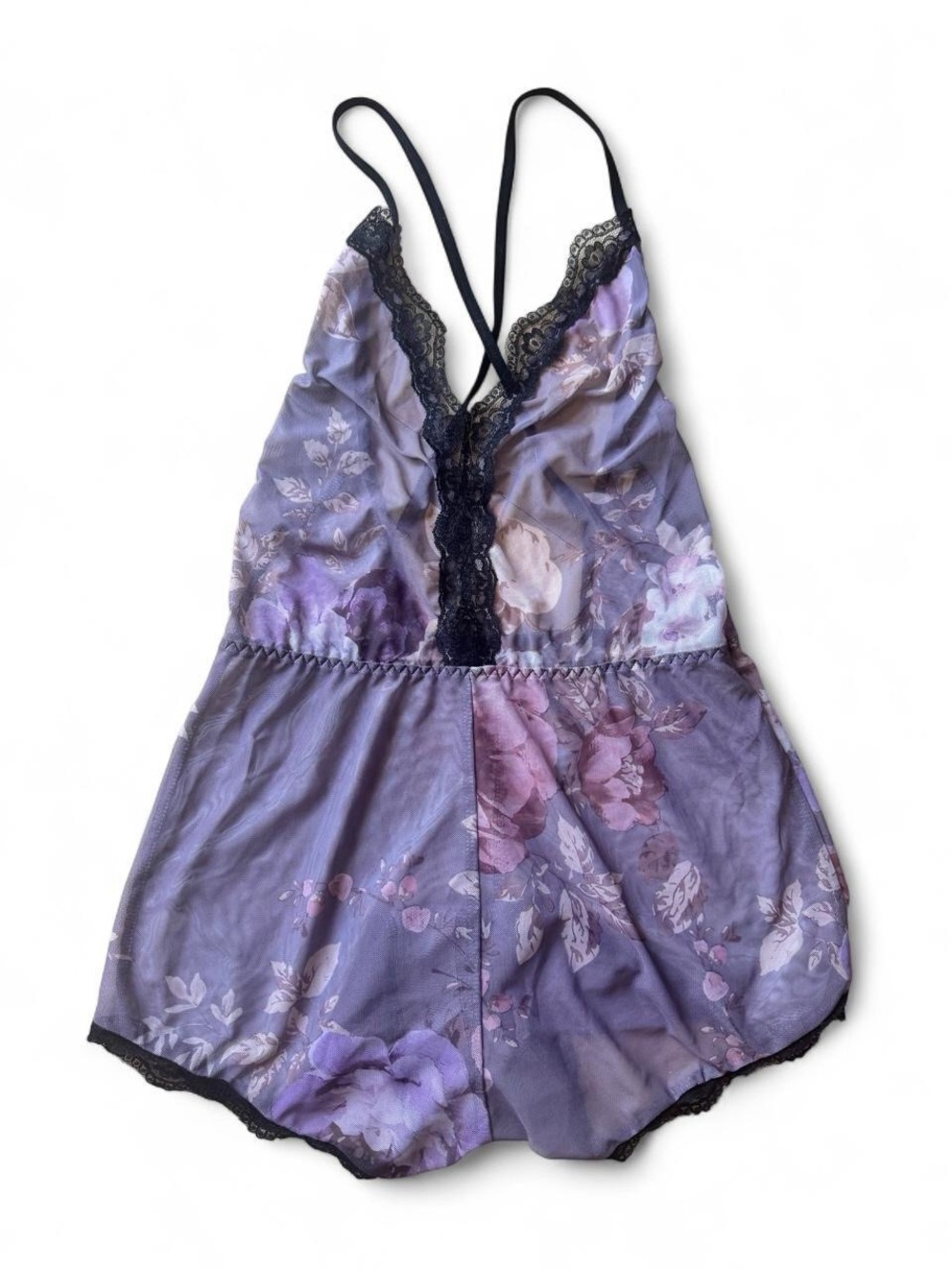 Purple Floral Black Lace-Trim Purple Romper Sleepwear